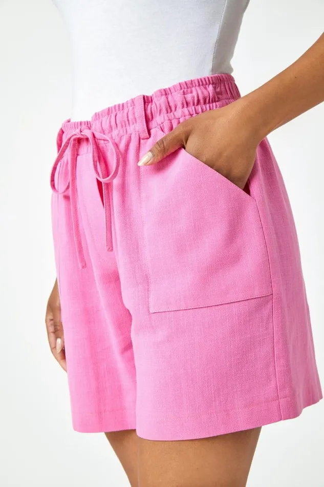 Women Pink Petite Linen Blend Drawstring Shorts Roman Shorts