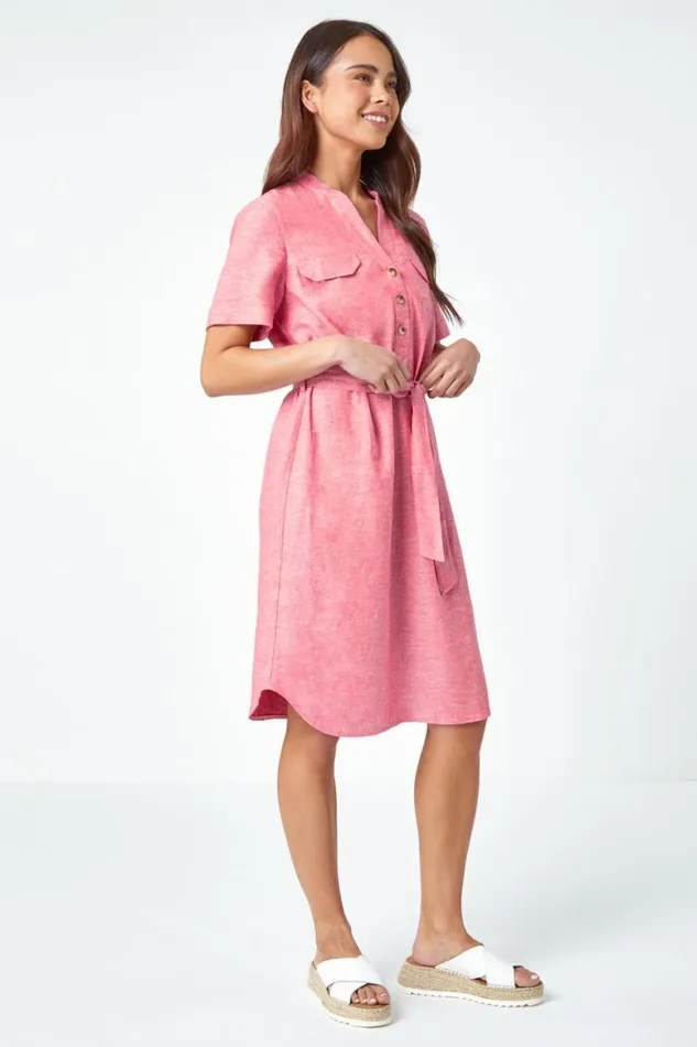Women Pink Petite Linen Blend Shirt Shift Dress Roman Dresses