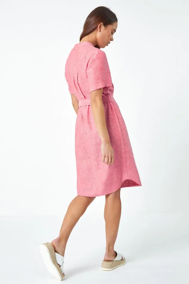 Women Pink Petite Linen Blend Shirt Shift Dress Roman Dresses