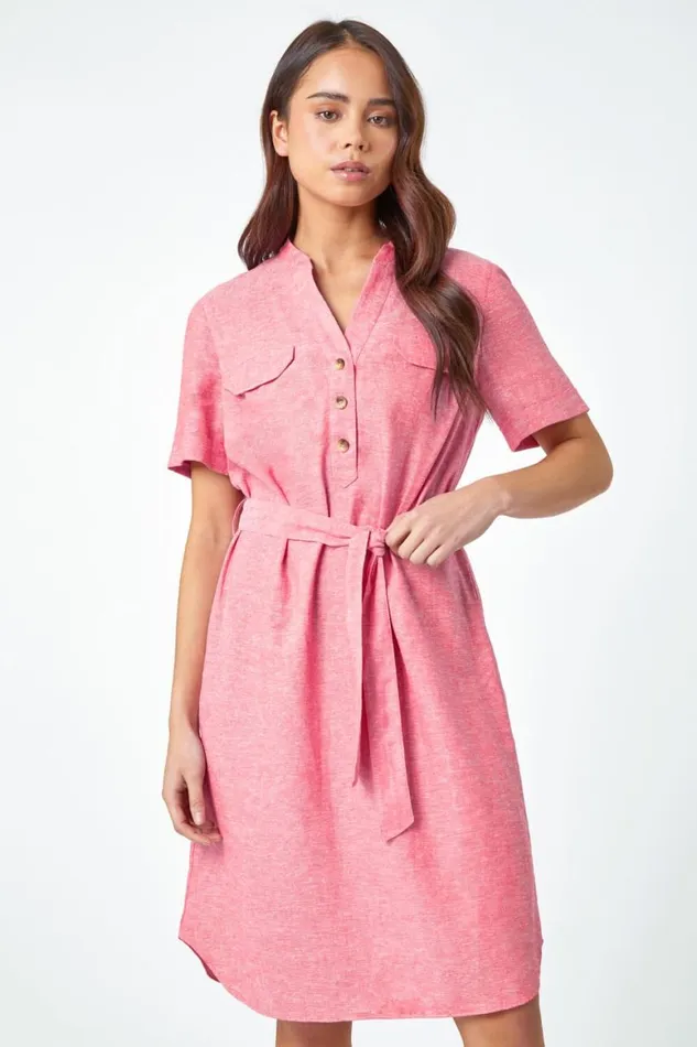 Women Pink Petite Linen Blend Shirt Shift Dress Roman Dresses