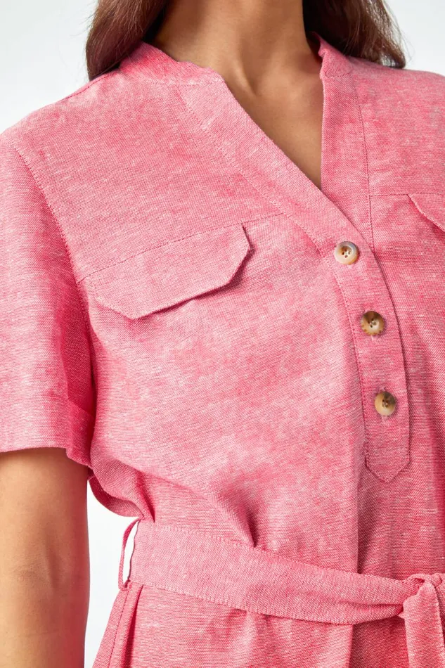 Women Pink Petite Linen Blend Shirt Shift Dress Roman Dresses
