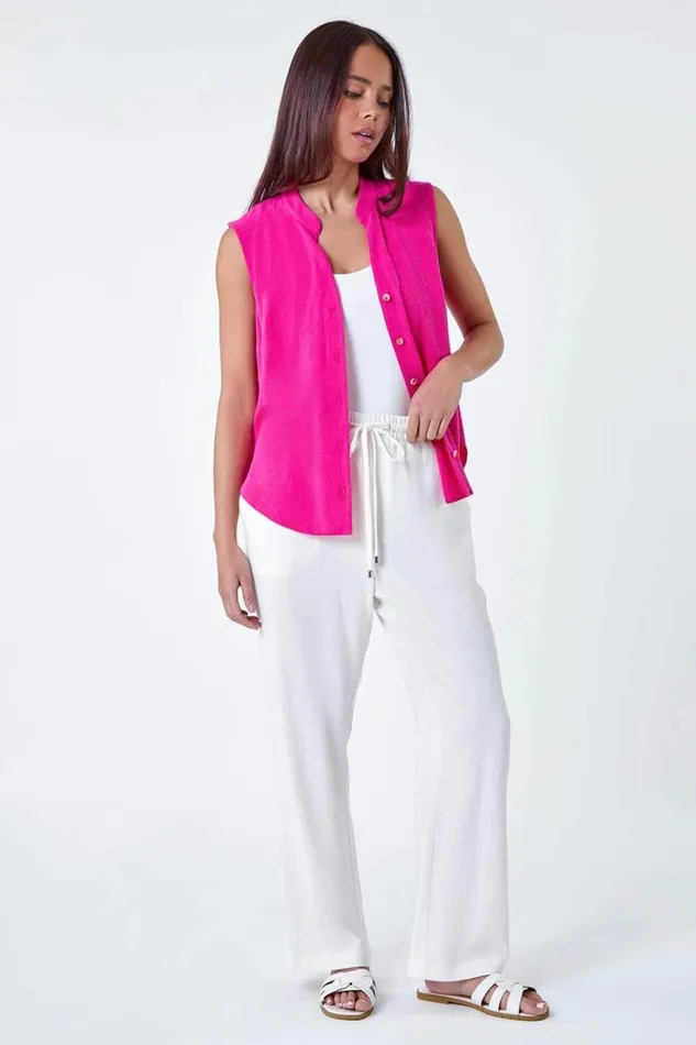 Women Pink Petite Linen Blend Sleeveless VNeck Blouse Roman Tops