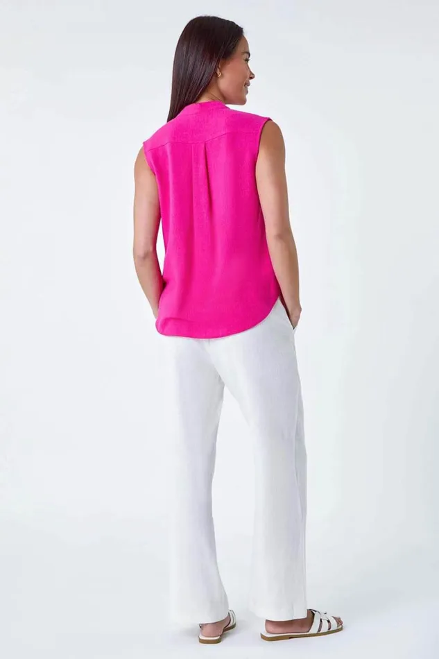 Women Pink Petite Linen Blend Sleeveless VNeck Blouse Roman Tops