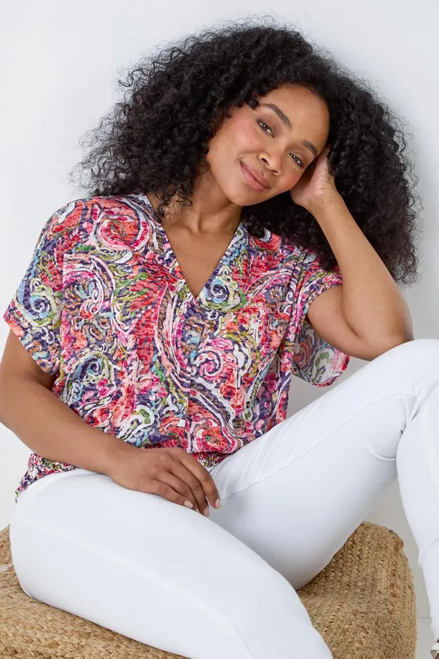 Women Pink Petite Paisley Shirred Hem Stretch Top Roman Tops