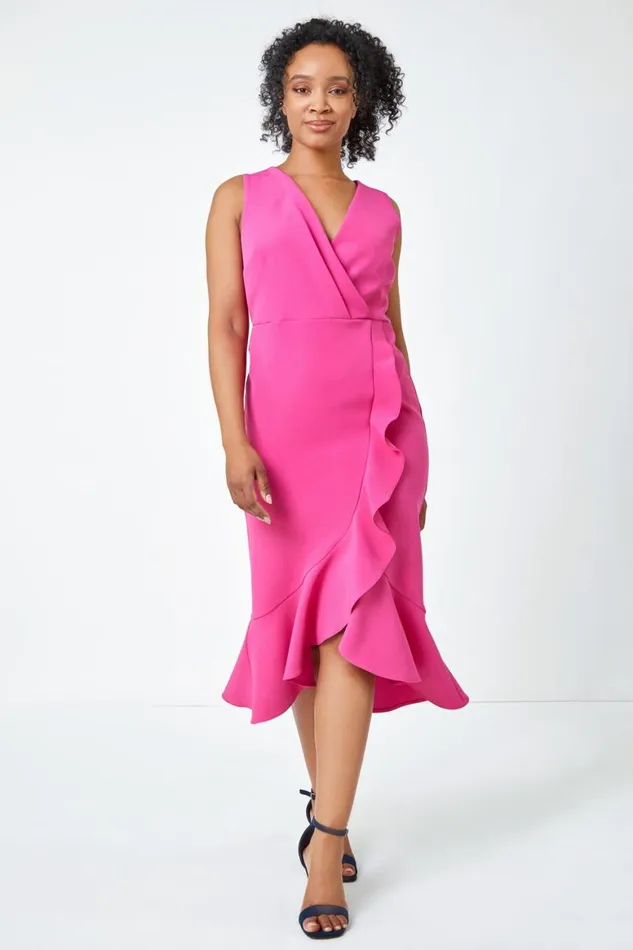 Women Pink Petite Sleeveless Frill Hem Wrap Dress Roman Dresses