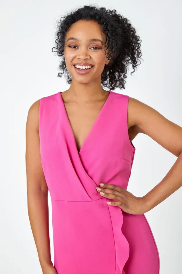Women Pink Petite Sleeveless Frill Hem Wrap Dress Roman Dresses