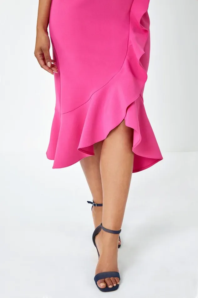 Women Pink Petite Sleeveless Frill Hem Wrap Dress Roman Dresses