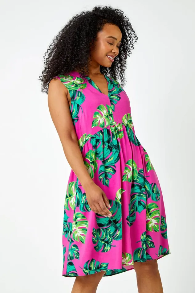 Women Pink Petite Tropical Print Smock Dress Roman Dresses