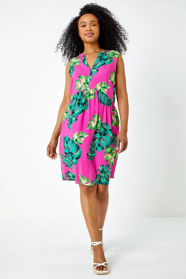 Women Pink Petite Tropical Print Smock Dress Roman Dresses