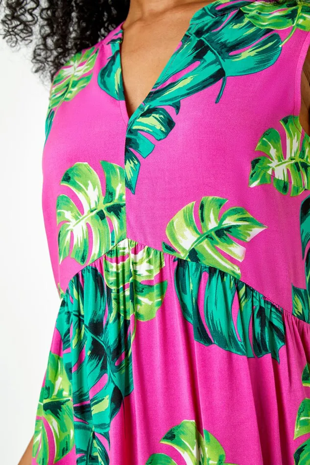 Women Pink Petite Tropical Print Smock Dress Roman Dresses