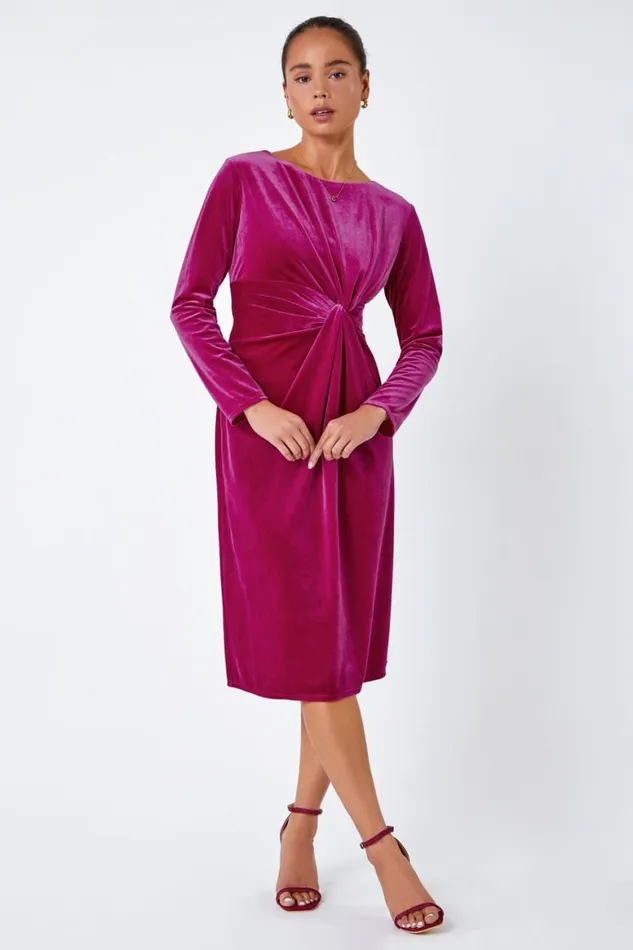 Women Pink Petite Velvet Knot Detail Stretch Dress Roman Dresses