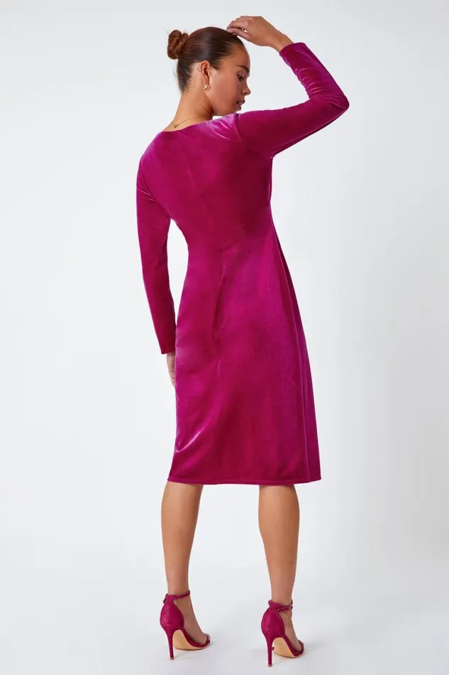 Women Pink Petite Velvet Knot Detail Stretch Dress Roman Dresses