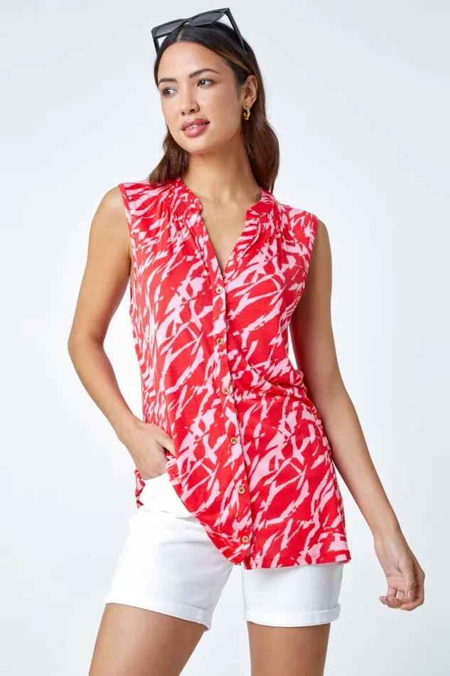 Women Pink Printed Button Through Jersey Blouse Roman Tops