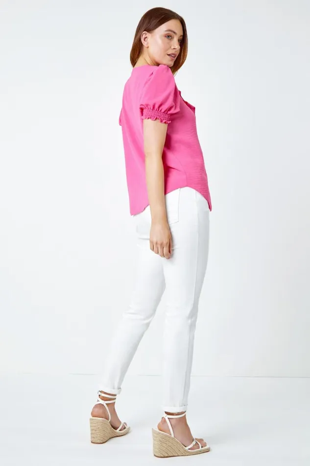 Women Pink Ruffle Front Tie Detail Blouse Roman Tops