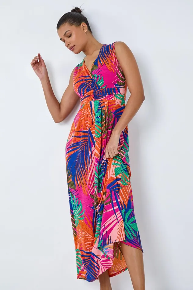 Women Pink Tropical Gathered Stretch Maxi Dress Roman Dresses