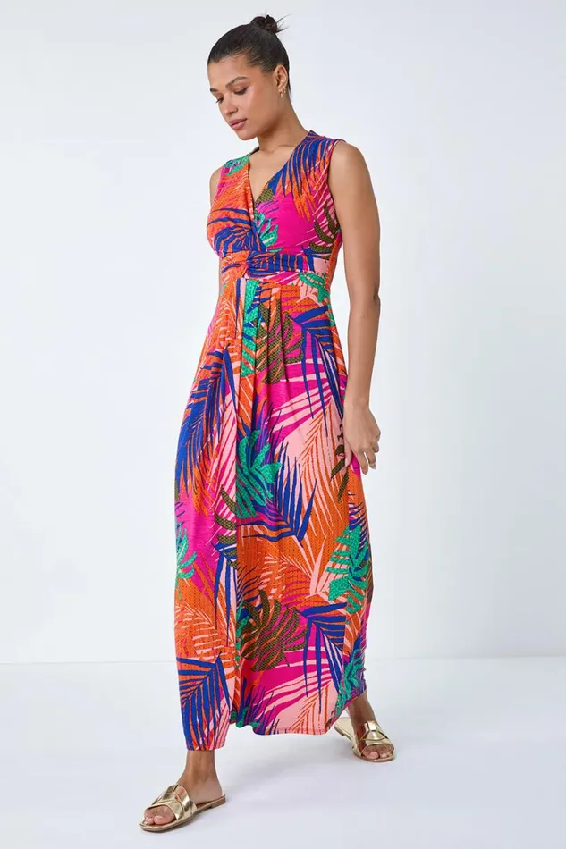 Women Pink Tropical Gathered Stretch Maxi Dress Roman Dresses