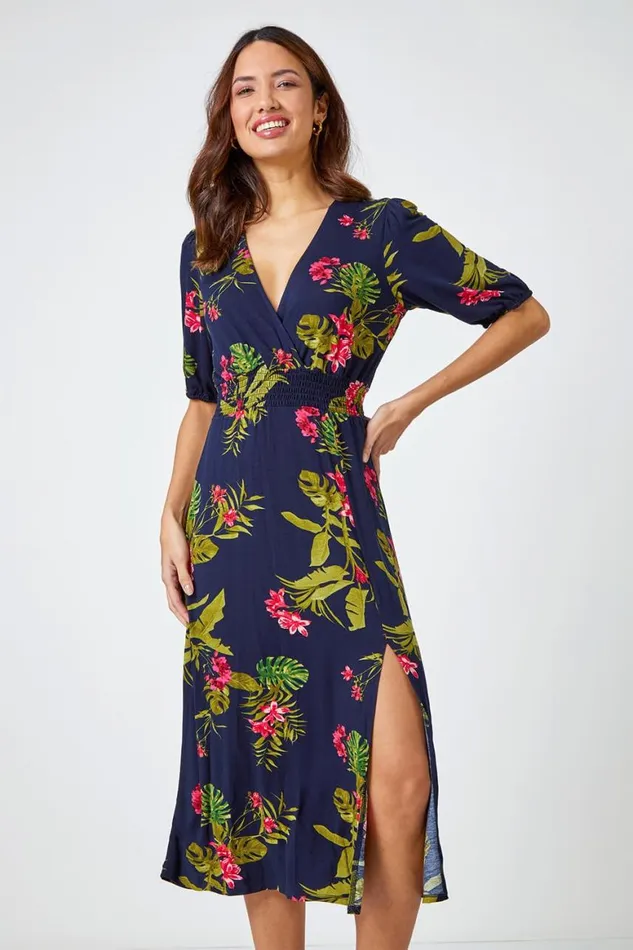 Women Pink Tropical Print Stretch Midi Dress Roman Dresses