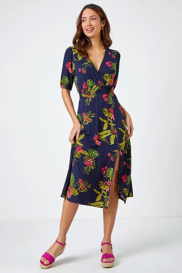Women Pink Tropical Print Stretch Midi Dress Roman Dresses