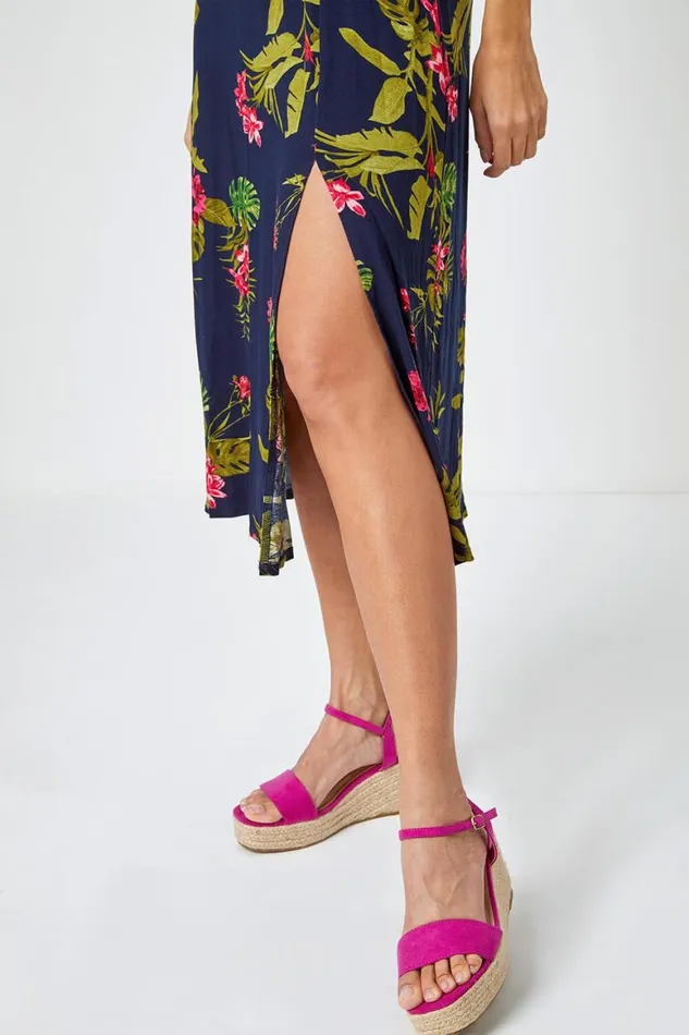 Women Pink Tropical Print Stretch Midi Dress Roman Dresses