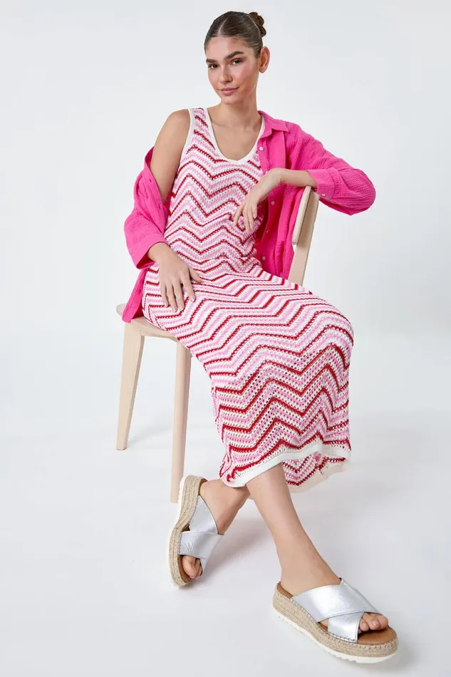 Women Pink Zig Zag Crochet Knit Midi Dress Roman Dresses