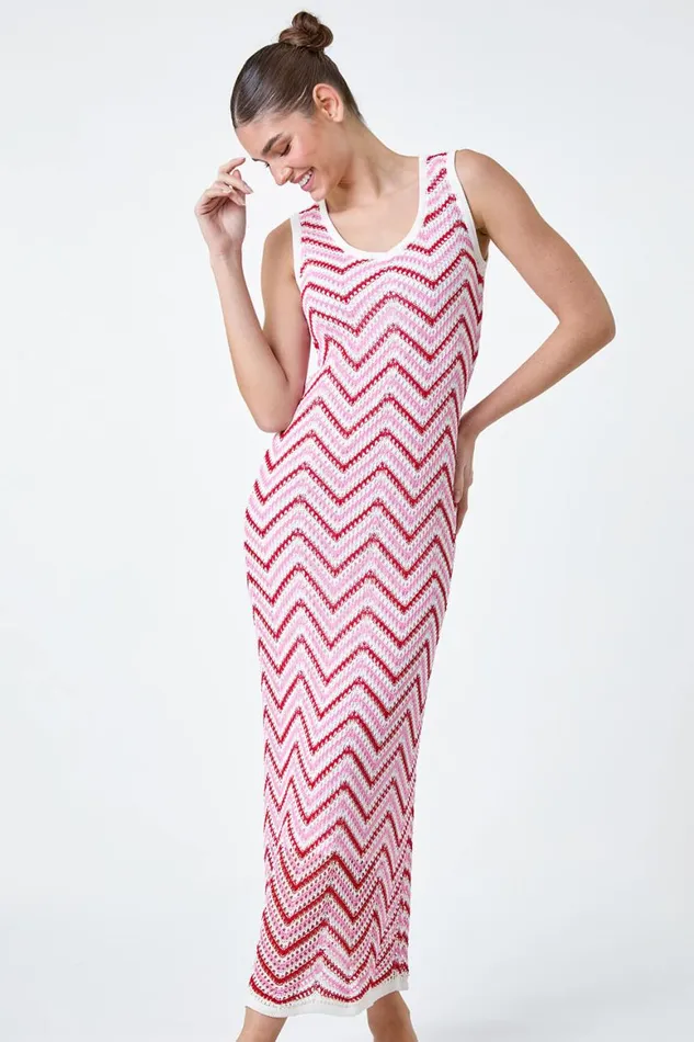 Women Pink Zig Zag Crochet Knit Midi Dress Roman Dresses
