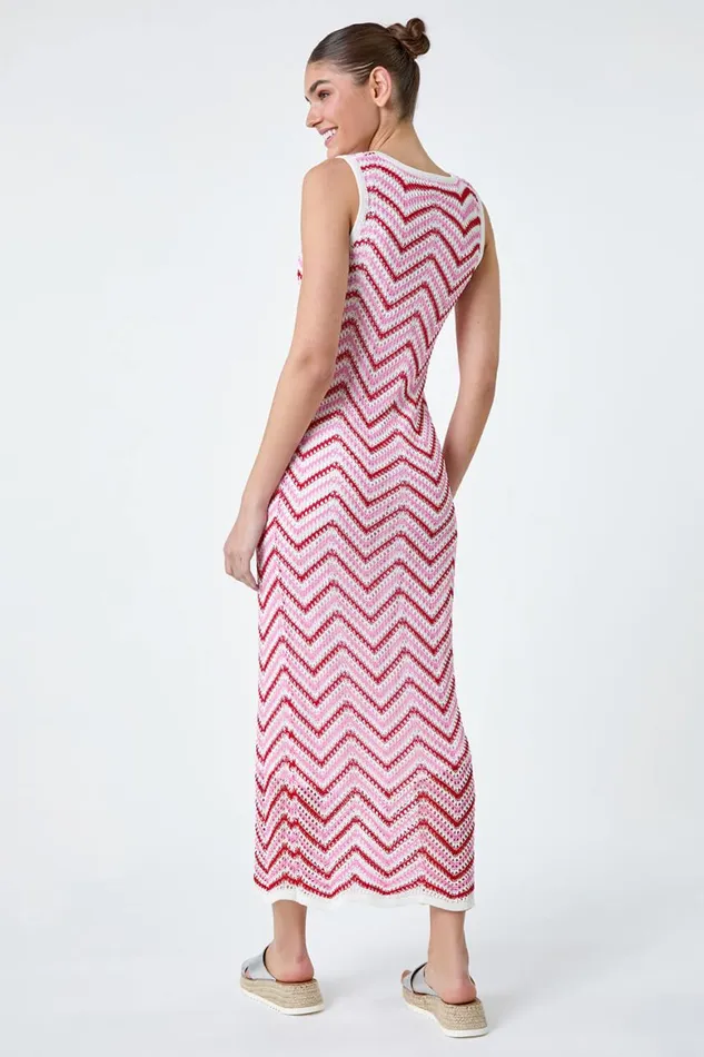 Women Pink Zig Zag Crochet Knit Midi Dress Roman Dresses