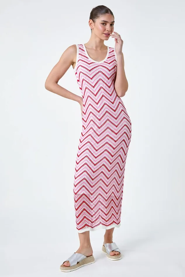 Women Pink Zig Zag Crochet Knit Midi Dress Roman Dresses