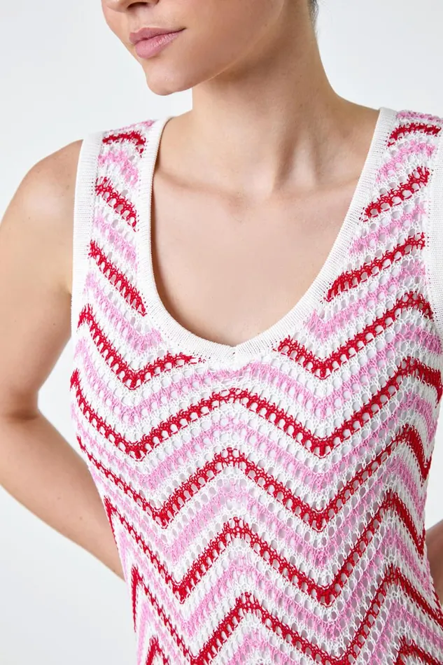Women Pink Zig Zag Crochet Knit Midi Dress Roman Dresses