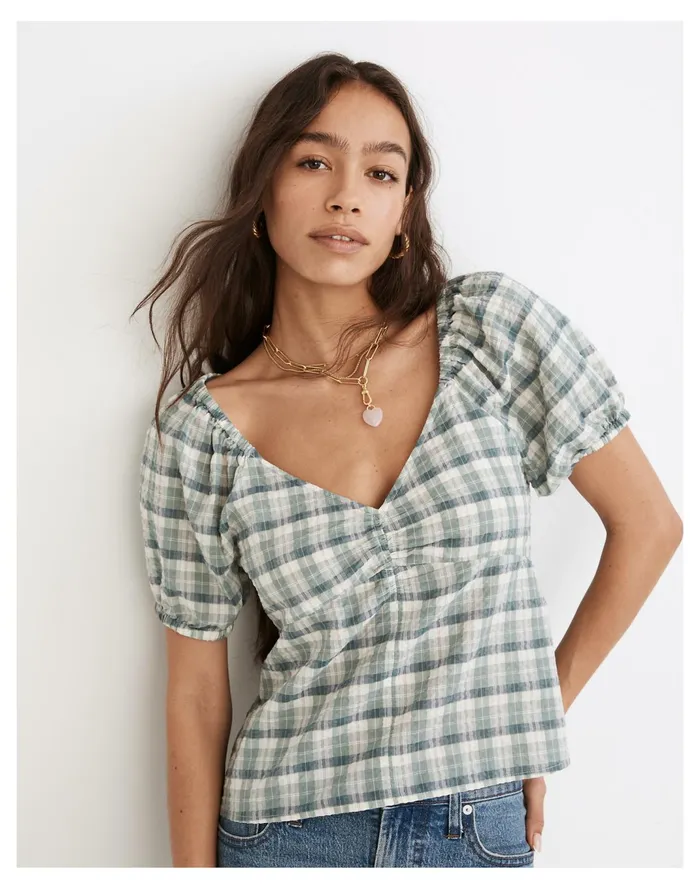 Women Plaid Puff Sleeve Ruched Bodice Top Frosted Willow Madewell Tops and Shirts