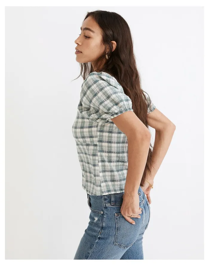Women Plaid Puff Sleeve Ruched Bodice Top Frosted Willow Madewell Tops and Shirts Women Plaid Puff Sleeve Ruched Bodice Top Frosted Willow Madewell Tops and Shirts