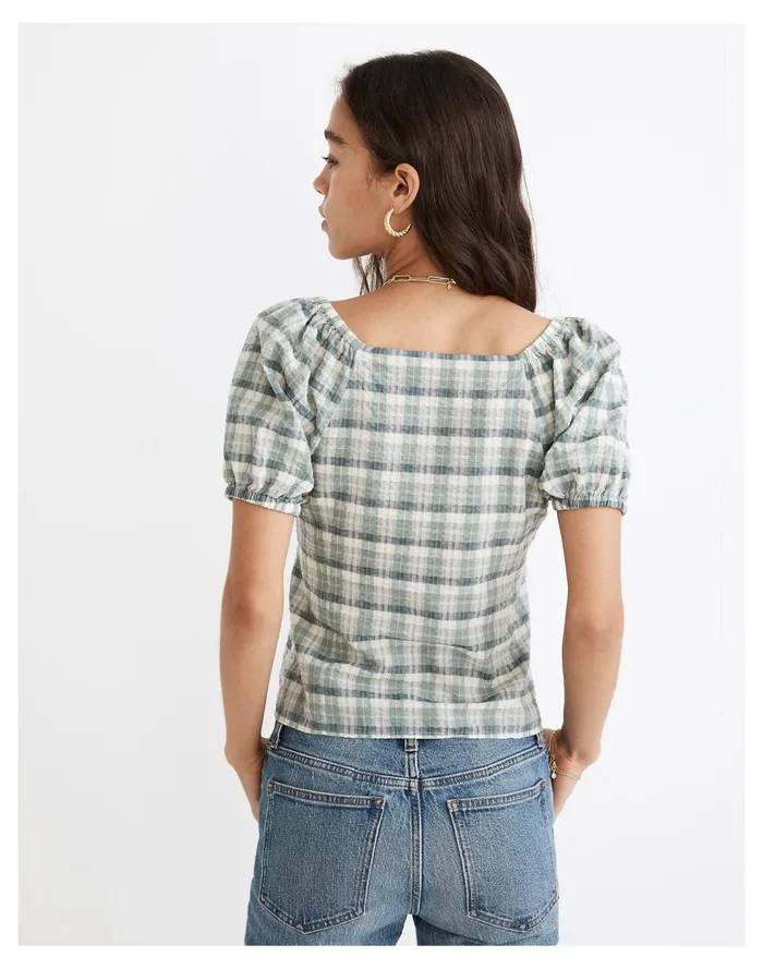 Women Plaid Puff Sleeve Ruched Bodice Top Frosted Willow Madewell Tops and Shirts Women Plaid Puff Sleeve Ruched Bodice Top Frosted Willow Madewell Tops and Shirts
