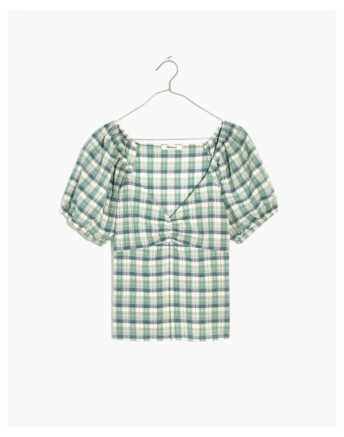 Women Plaid Puff Sleeve Ruched Bodice Top Frosted Willow Madewell Tops and Shirts Women Plaid Puff Sleeve Ruched Bodice Top Frosted Willow Madewell Tops and Shirts