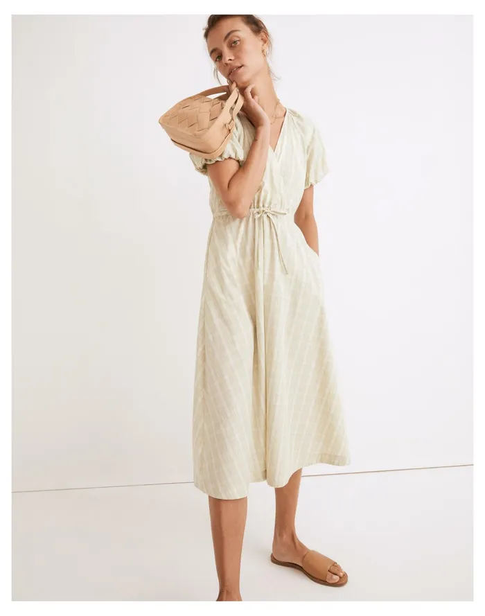 Women Plaid Tie Waist Midi Dress Faded Seagrass Madewell Dresses