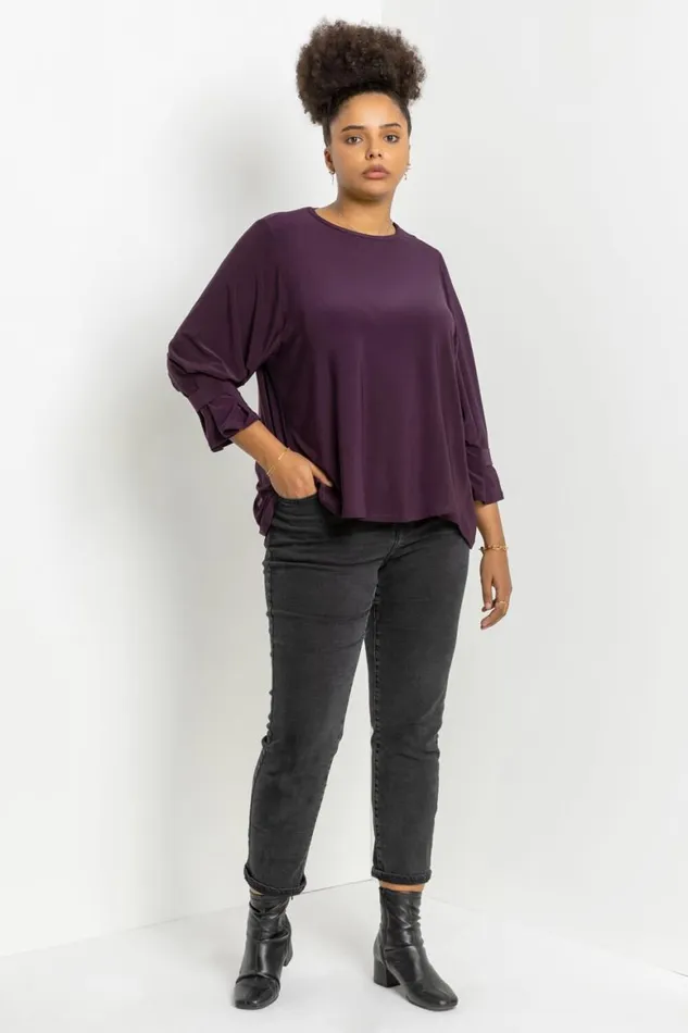 Women Plum Curve Cuff Detail Oversized Top Roman Tops
