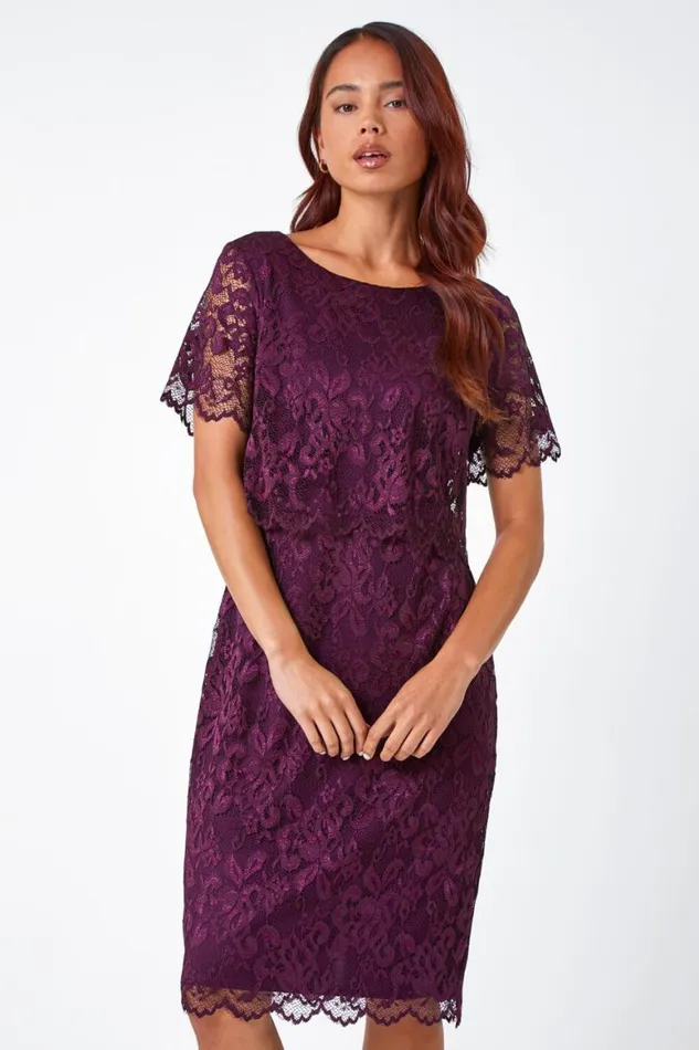 Women Plum Petite Lace Overlay Stretch Dress Roman Dresses
