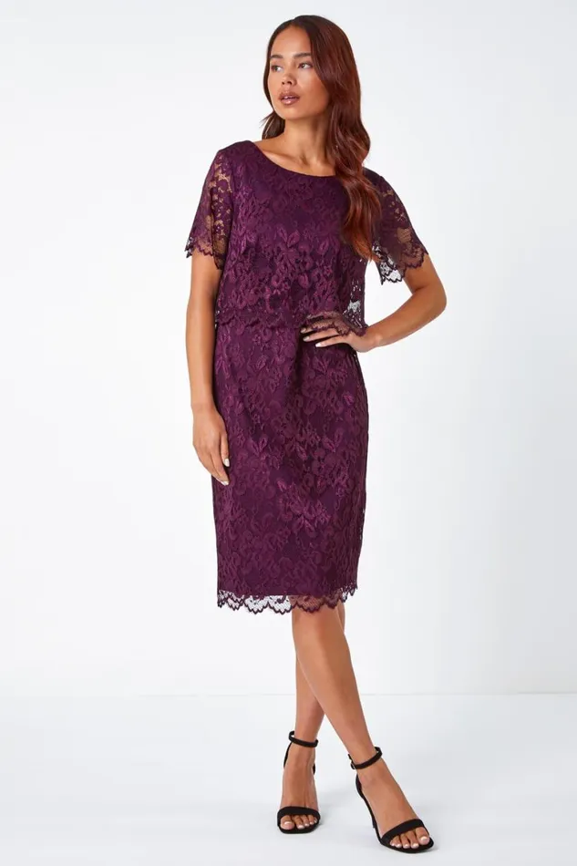 Women Plum Petite Lace Overlay Stretch Dress Roman Dresses