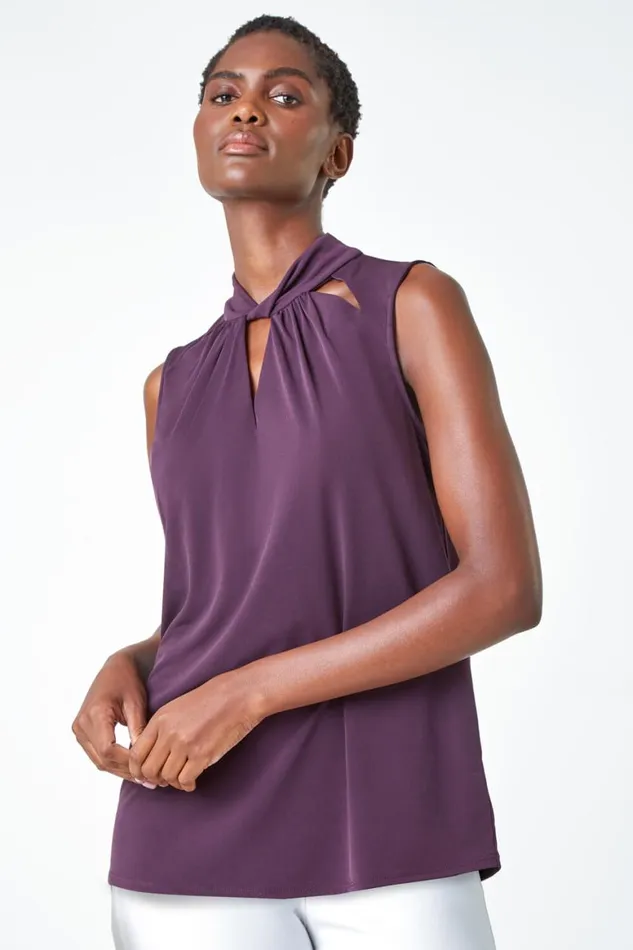 Women Plum Sleeveless Twist Neck Stretch Top Roman Tops