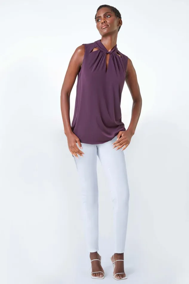 Women Plum Sleeveless Twist Neck Stretch Top Roman Tops