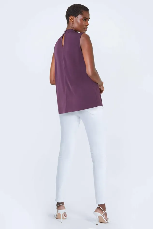 Women Plum Sleeveless Twist Neck Stretch Top Roman Tops