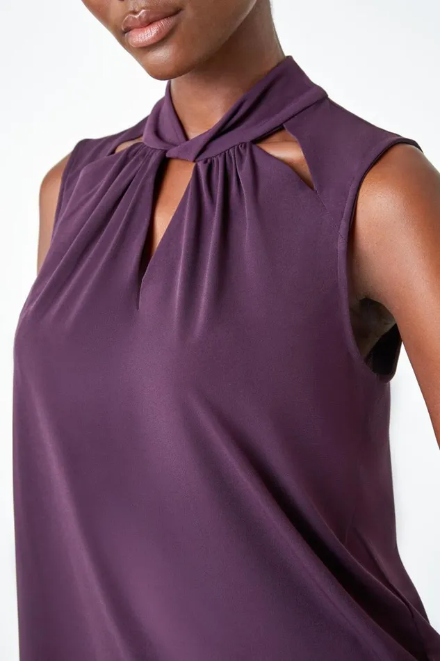 Women Plum Sleeveless Twist Neck Stretch Top Roman Tops