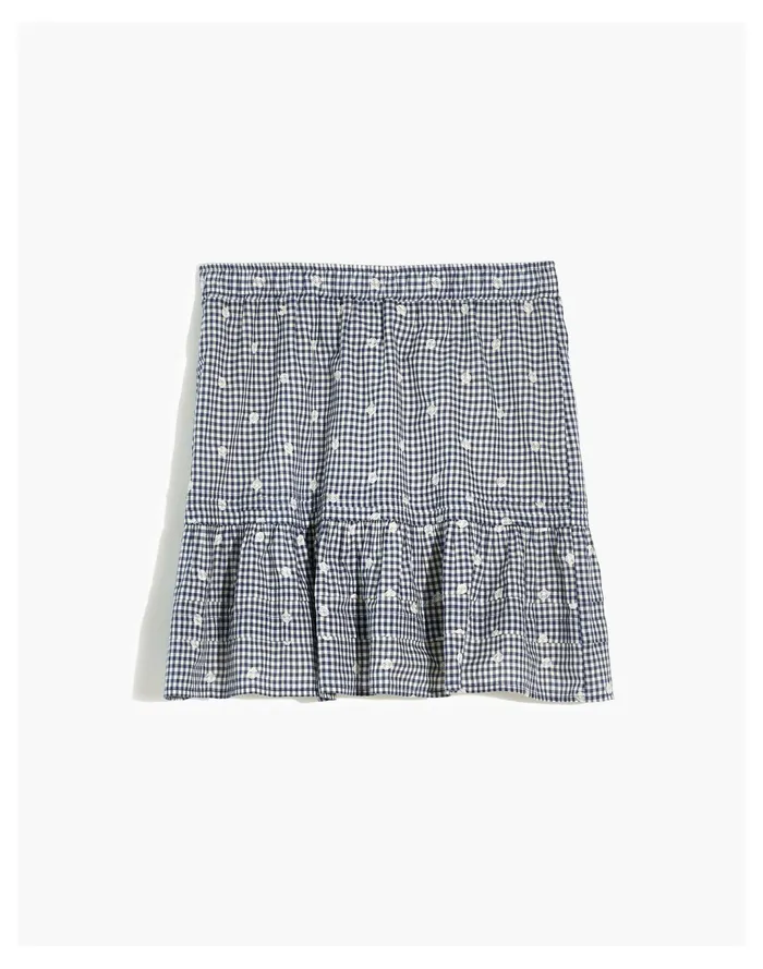 Women Plus Embroidered Tiered Pull On Mini Skirt In Gingham Check Navy Shoreline Madewell Skirts