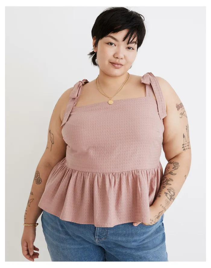 Women Plus Rosalie Tie Strap Top In Textured Gingham Faded Mauve Madewell Tops and Shirts Women Plus Rosalie Tie Strap Top In Textured Gingham Faded Mauve Madewell Tops and Shirts