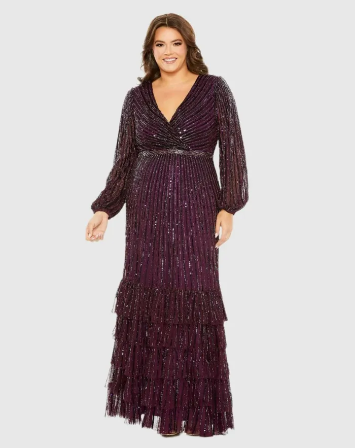Women Plus Size Dresses Mac Duggal Beaded Faux Wrap Puff Sleeve Ruffle Tiered Dress Blackberry Women Plus Size Dresses Mac Duggal Beaded Faux Wrap Puff Sleeve Ruffle Tiered Dress Blackberry