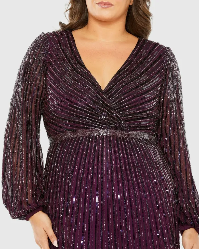 Women Plus Size Dresses Mac Duggal Beaded Faux Wrap Puff Sleeve Ruffle Tiered Dress Blackberry Women Plus Size Dresses Mac Duggal Beaded Faux Wrap Puff Sleeve Ruffle Tiered Dress Blackberry
