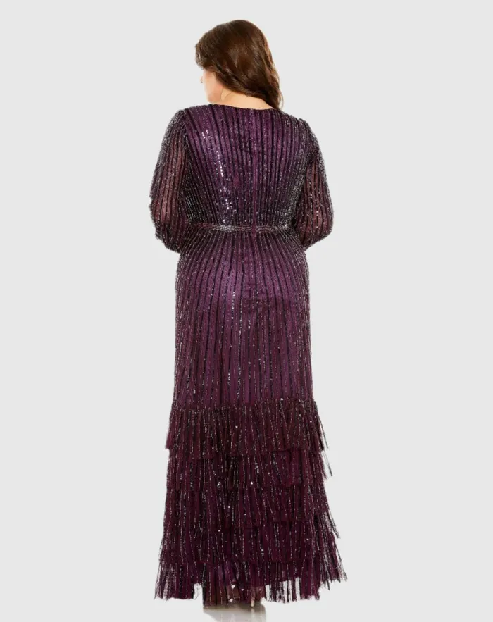 Women Plus Size Dresses Mac Duggal Beaded Faux Wrap Puff Sleeve Ruffle Tiered Dress Blackberry Women Plus Size Dresses Mac Duggal Beaded Faux Wrap Puff Sleeve Ruffle Tiered Dress Blackberry