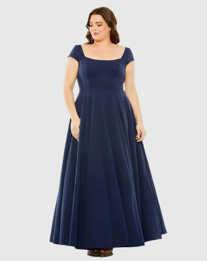 Women Plus Size Dresses Mac Duggal Cap Sleeve Square Neck Dress Midnight