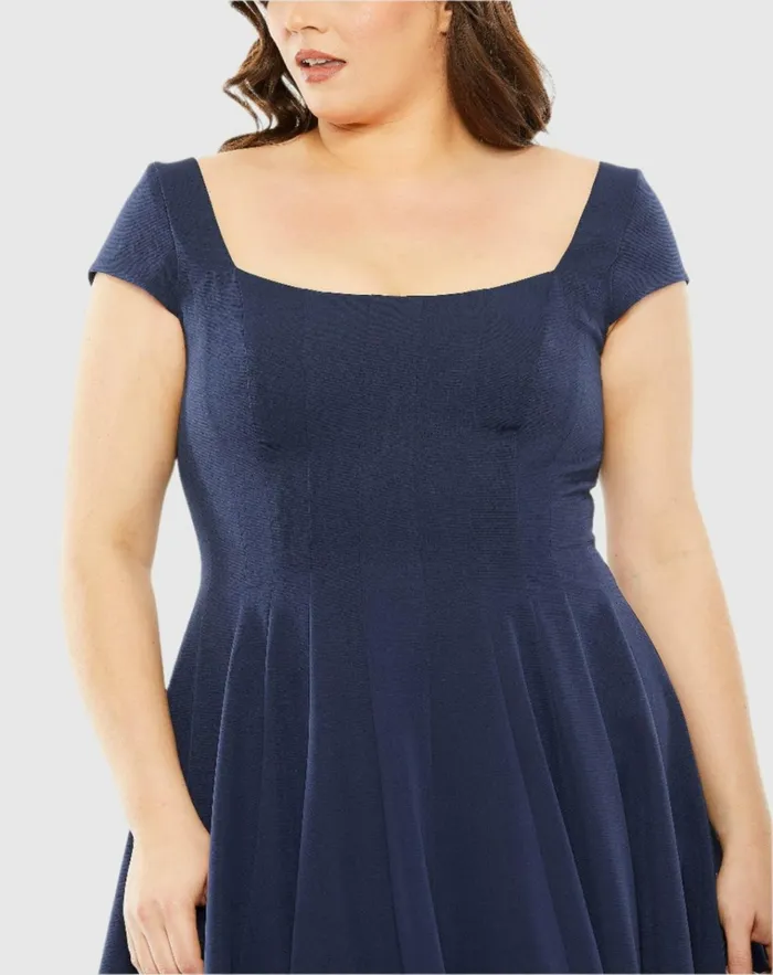 Women Plus Size Dresses Mac Duggal Cap Sleeve Square Neck Dress Midnight