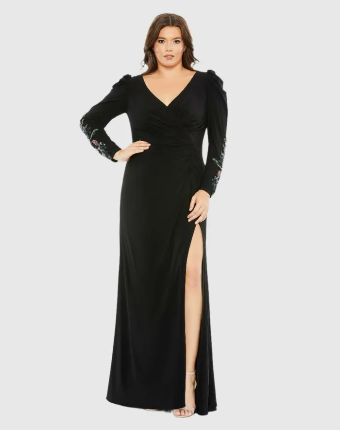 Women Plus Size Dresses Mac Duggal Embellished Long Sleeve Faux Wrap Gown Plus Black