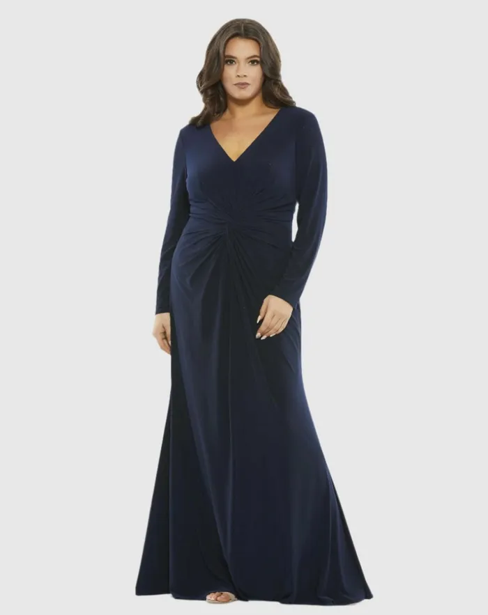 Women Plus Size Dresses Mac Duggal Front Twist Long Sleeve VNeck Gown Plus Midnight