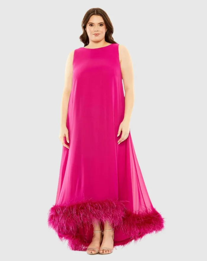 Women Plus Size Dresses Mac Duggal High Neck Feather Hem Dress Fuchsia